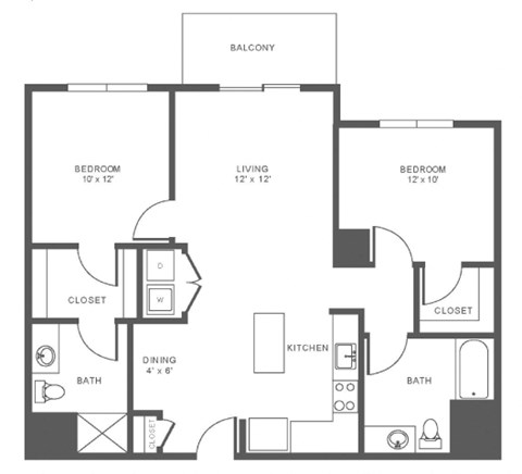 A black and white image of a house floor plan with three bedrooms, a living room, a dining room, a kitchen, two bathrooms, and a balcony.
