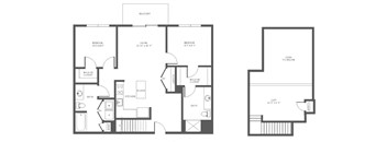 A floor plan of a house with a balcony, two bedrooms, a bathroom, a kitchen, a living room, and a dining room.