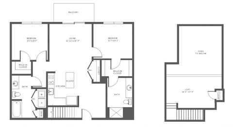 A floor plan of a house with a balcony, two bedrooms, a bathroom, a kitchen, a living room, and a dining room.