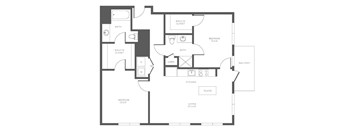 A black and white floor plan of a house with two bedrooms, a living area, a kitchen, a bathroom, and a balcony.
