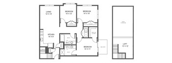 A black and white image of a floor plan for a house with a loft.