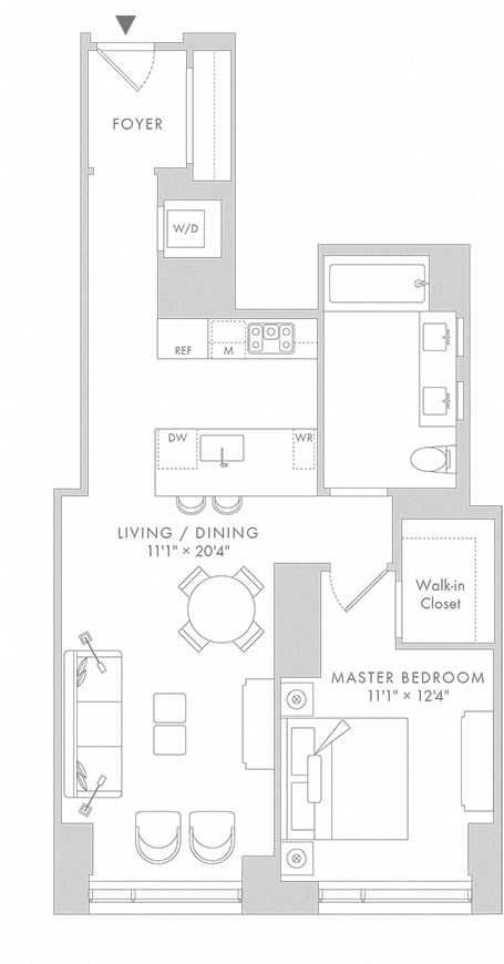 a floor plan of a small apartment with a bedroom and a living room