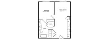 A floor plan of a small apartment with a bedroom, living/dining area, bathroom, and kitchen.