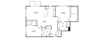 A black and white floor plan of a house with a living room, dining room, two bedrooms, a bathroom, and an entry.