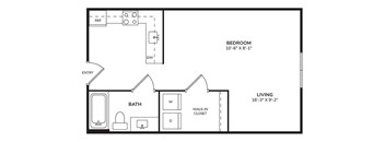 A floor plan of a home with a bedroom, bathroom, living room, and walk-in closet.