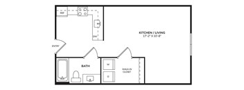 A floor plan of a kitchen, living room, and bathroom.