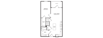 A floor plan of an apartment with a bedroom, living/dining area, kitchen island, bathroom, and entry.