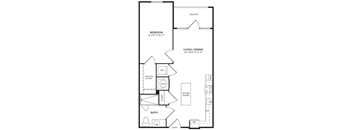 A floor plan of an apartment with a bedroom, living/dining area, kitchen, bathroom, and entry.