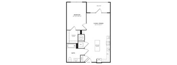 A floor plan of a home with a bedroom, living/dining area, kitchen, bath, and entry.