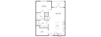 A black and white image of a house floor plan with a balcony, bedroom, living/dining area, bathroom, kitchen island, entry, and den.