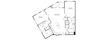 A black and white image of a house floor plan with a living area, two bedrooms, two bathrooms, a kitchen, and a walk-in closet.