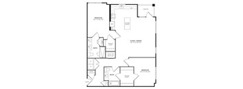 A black and white image of a house floor plan with a balcony, two bedrooms, a living/dining area, and a kitchen island.