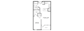 A floor plan of a small apartment with a bedroom, kitchen, and bathroom.