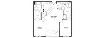 A black and white image of a living and dining room floor plan.