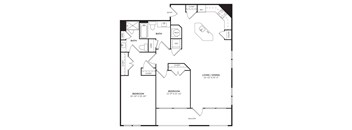 A black and white image of a floor plan for a home with two bedrooms, two bathrooms, a living/dining area, and a balcony.