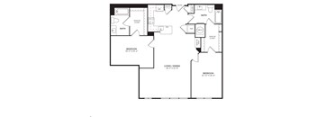 A floor plan of a house with two bathrooms, a pantry, a walk-in closet, and a living/dining area.