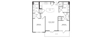A black and white image of a floor plan for a two bedroom apartment.