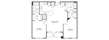 A black and white floor plan of a two bedroom apartment.