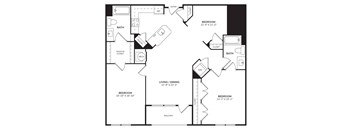 A black and white image of a floor plan for a home with three bedrooms, a living/dining area, and a bathroom.