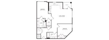A black and white image of a floor plan for a home with a balcony, two bathrooms, and two bedrooms.