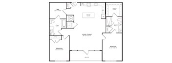 A black and white floor plan of a house with a living room, dining room, two bedrooms, a kitchen, a bathroom, a den, a walk-in closet, and a panic room.