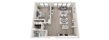 a 1 bedroom floorplan with a living room and a dining room