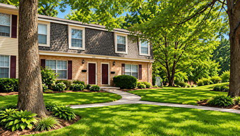 A house with a red door and a green lawn.
