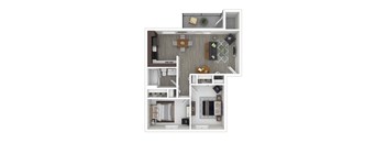 A floor plan of a two-bedroom apartment with a living room, kitchen, and bathroom.