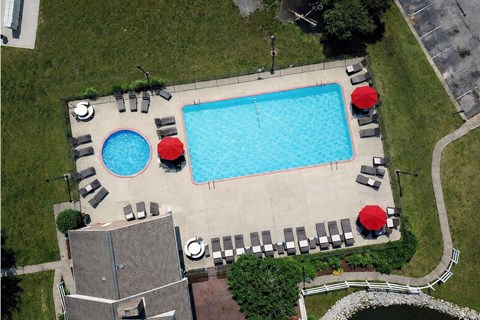 A pool surrounded by chairs and umbrellas.