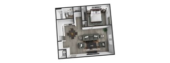 A 3D floor plan of a house with a living room, kitchen, and bathroom.
