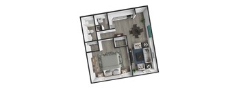 A 3D rendered image of a modern apartment layout.