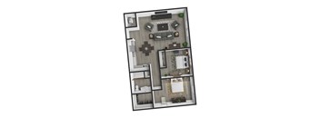 A 3D floor plan of a small apartment with a living room, kitchen, and bedroom.