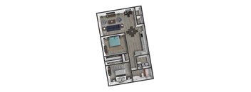A top-down view of a living room with a couch, coffee table, and bookshelf.