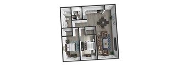 A 3D floor plan of a house with a kitchen, living room, and bathroom.