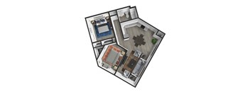A 3D floor plan of a house with a pool and a kitchen.