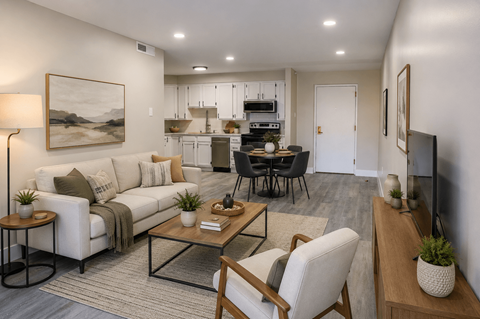 A modern living room with a white couch, a glass coffee table, and a painting on the wall.