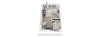 A top-down view of a small apartment with a kitchenette, living room, and bathroom.