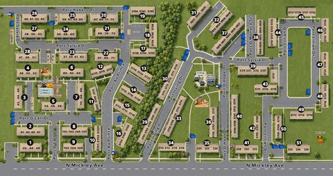 A map of a residential area with numbered plots and streets.