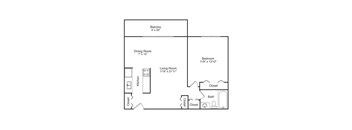 A floor plan of a home with a living room, dining room, kitchen, bedroom and bathroom.