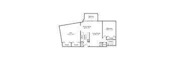A floor plan of a house with a den, dining room, kitchen, living room, bedroom, bathroom and balcony.