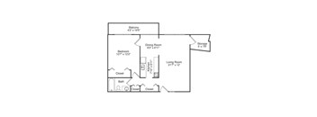 A floor plan of a home with a bedroom, living room, dining room, kitchen, bathroom, balcony, and storage space.