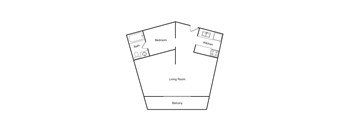 A floor plan of a small apartment with a living room, kitchen, and bedroom.