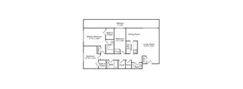 A floor plan of a home with a balcony, two bedrooms, a living room, a dining room, a kitchen, a pantry, and closets.