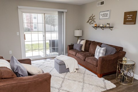 A living room with a brown couch and a white rug.