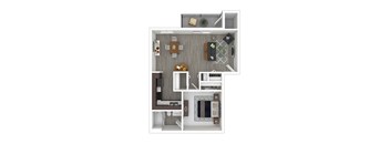 A top-down view of a small apartment with a kitchen, living room, and bedroom.