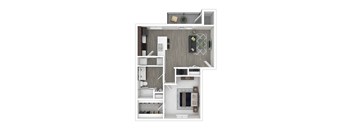 A floor plan of a small apartment with a kitchen, living room, and bathroom.