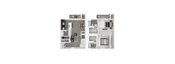 A floor plan of a two-bedroom apartment with a kitchen and living room.