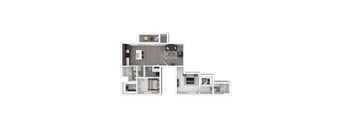 A white floor plan of a house with a kitchen, living room, and bathroom.