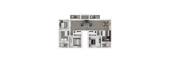 A floor plan of a two-story apartment with a living room, kitchen, and two bedrooms.