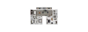 A floor plan of a two-bedroom apartment with a living room, kitchen, and bathrooms.